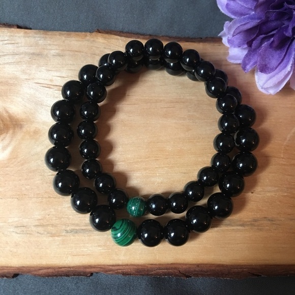 Couples bracelet set black jasper and malachite  beaded bracelet - Picture 1 of 7